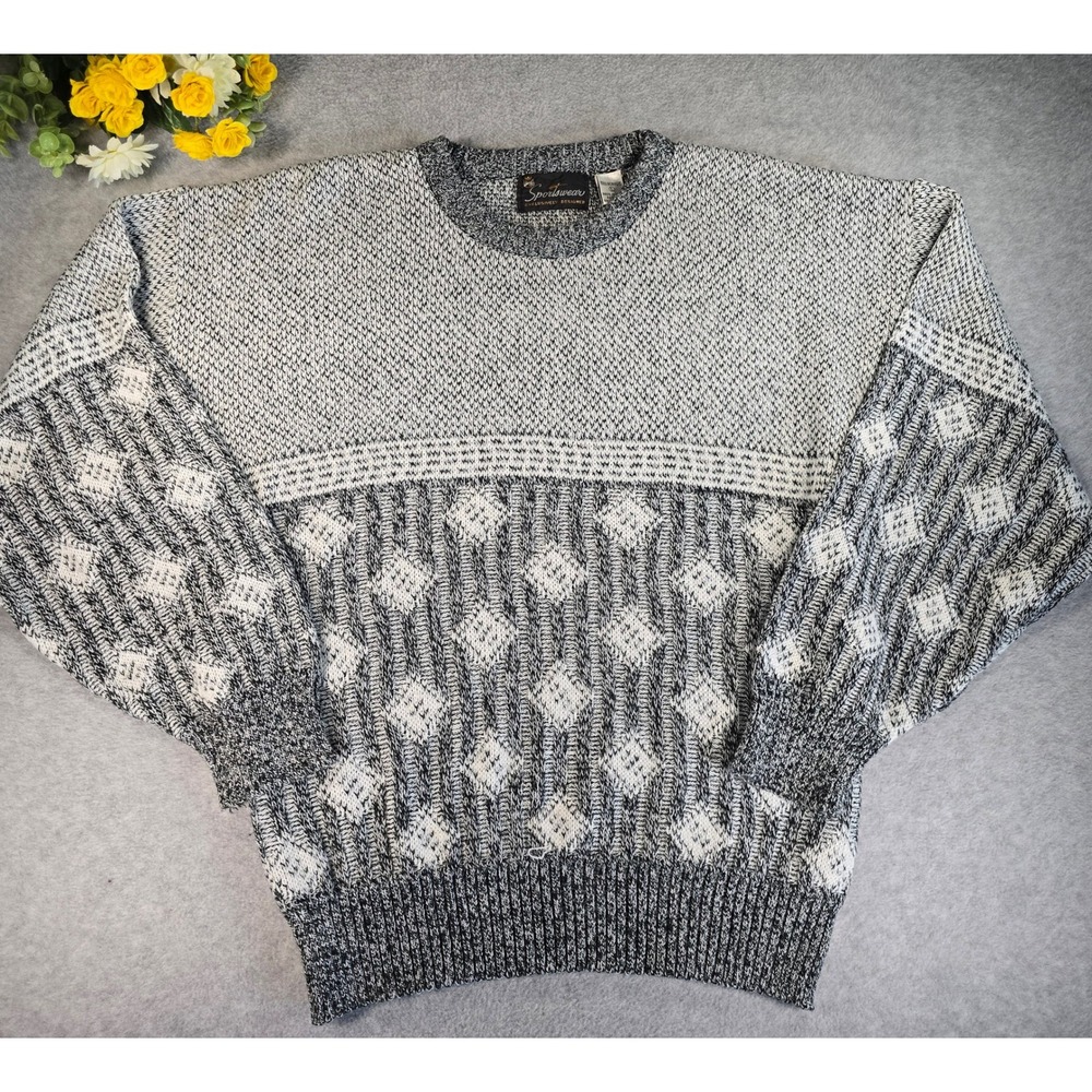 Vintage 80s Sportswear Mens Large Black White Geometric Knit Crewneck Sweater